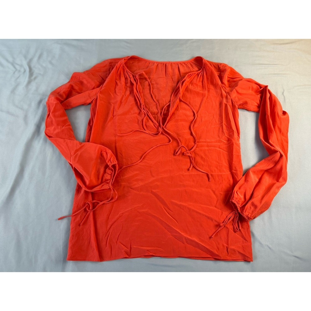 Womens 100% Silk Coral Blouse Size 38 Tie Side Adjustable Waist Boho Top